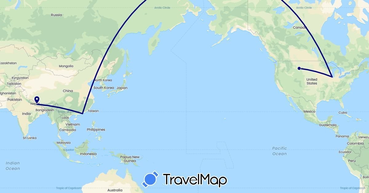TravelMap itinerary: driving in China, Nepal, United States (Asia, North America)